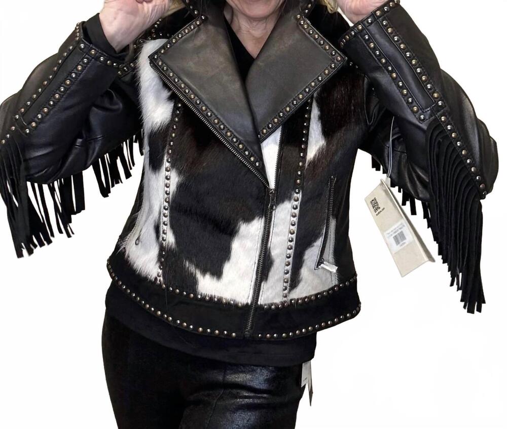 NEW SCULLY women's western leather studded fringed zip cowhide jacket in black